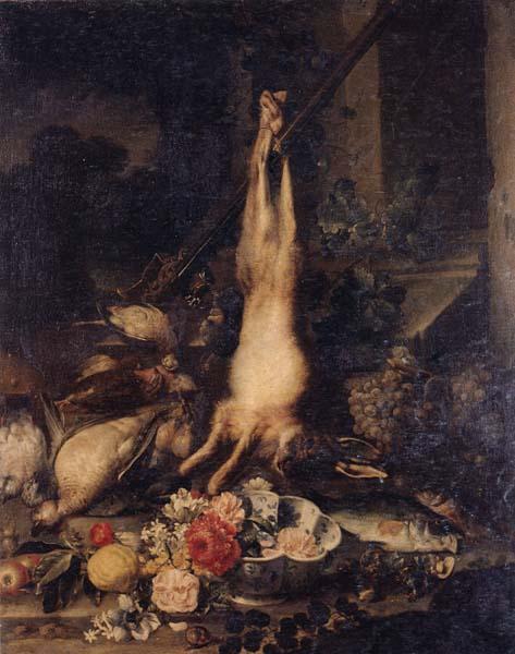unknow artist Still life of a hare,fish,fruit and flowers by a stone pillar,a landscape beyond